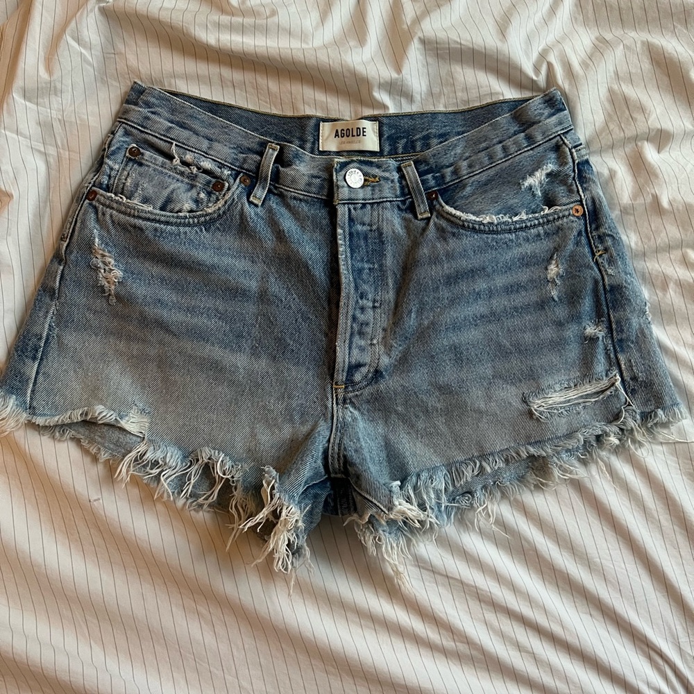 Agolde Frayed Hem Jean Shorts - Light Blue - Picture 1 of 3